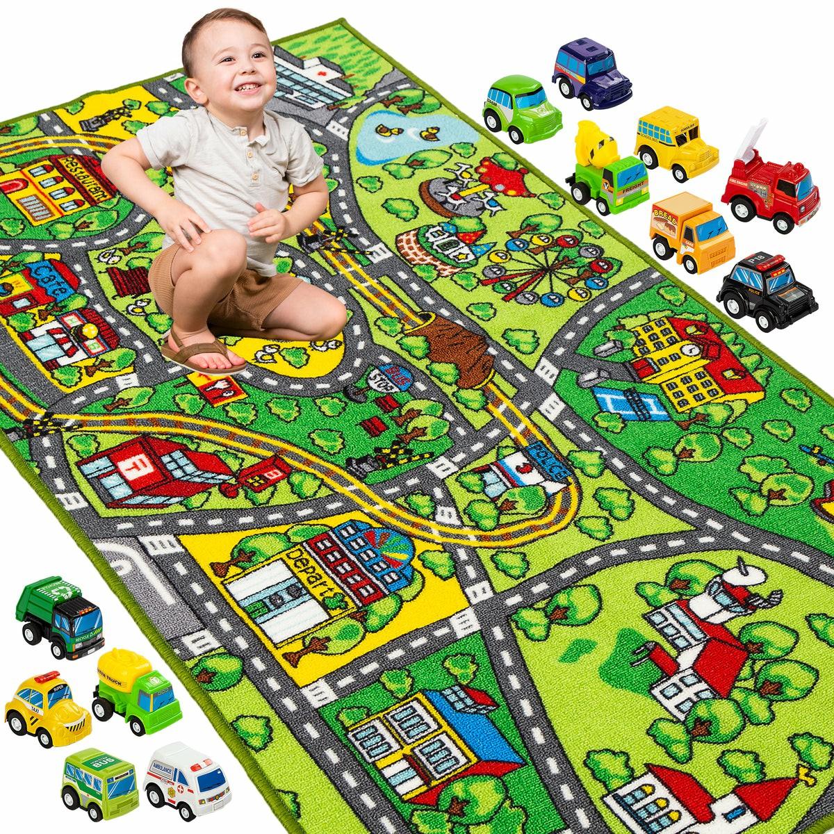 Carpet Playmat W/ 12 Cars Pull-Back Vehicle Set Toys