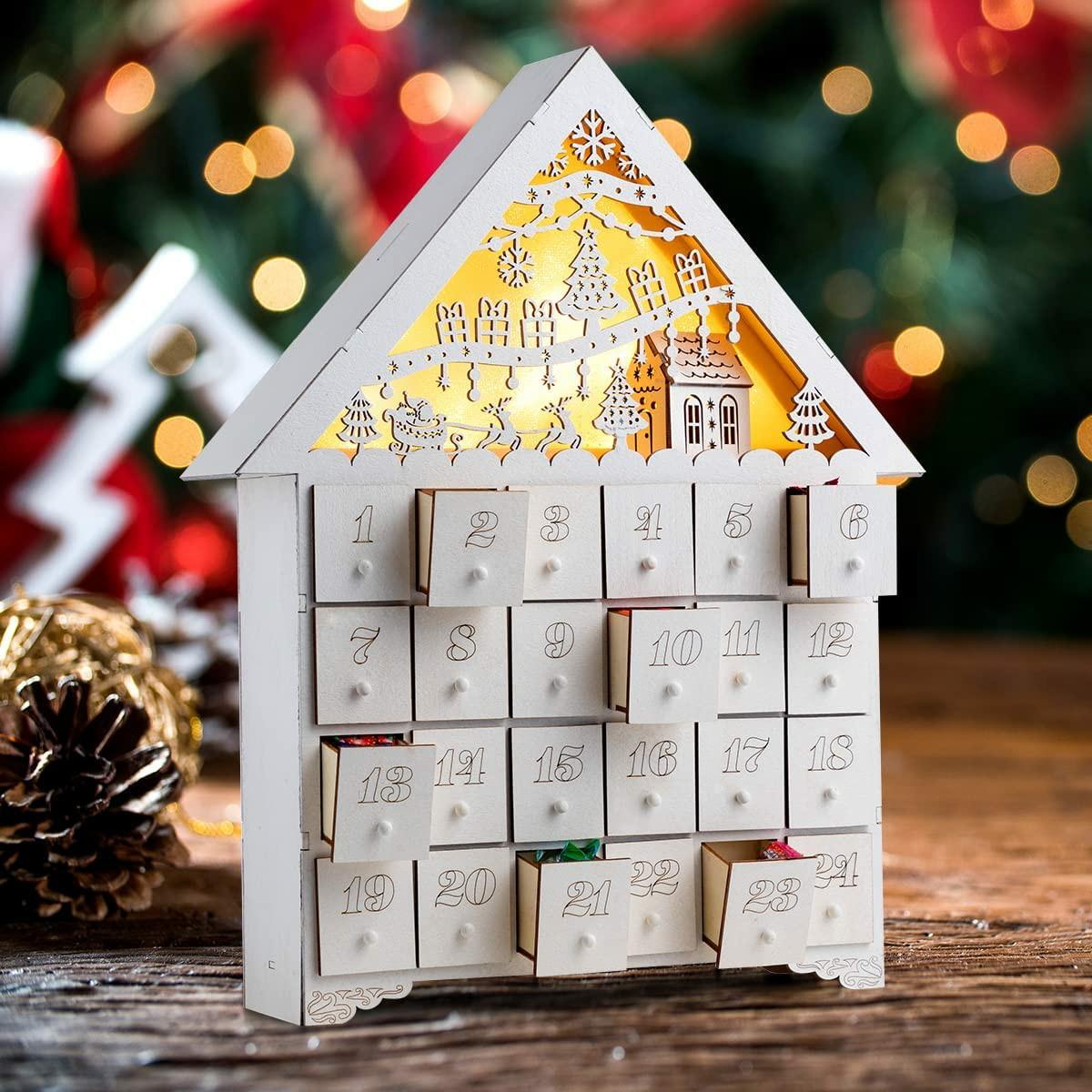 Christmas Pre-Lit Wooden House Advent Calendar With Drawers Christmas Advent Calendars