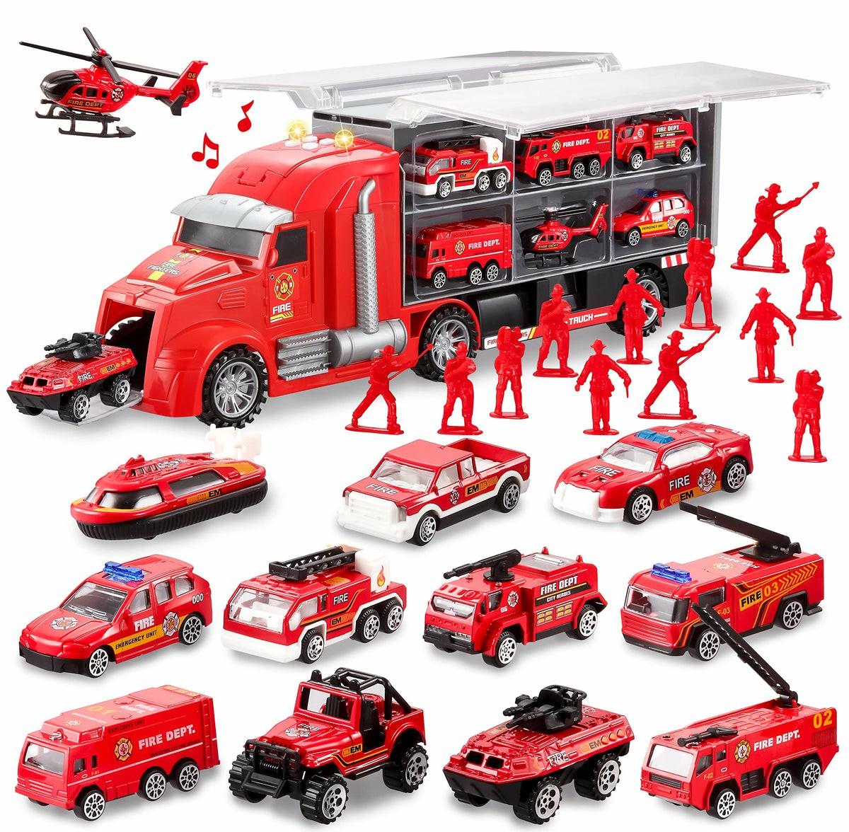 Fire Rescue Carrier Truck With 12 Diecast Vehicles & 12 Figures, 25 Pcs Car Toys