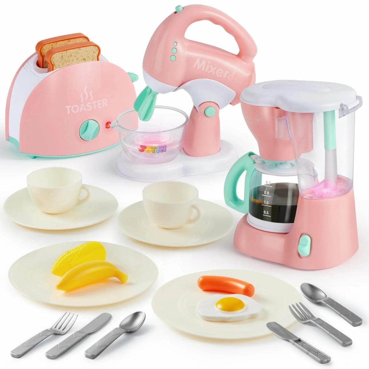 Pink Pretend Play Kitchen Appliances Toy Set With Coffee Maker, Mixer, Toaster Kitchen Toys