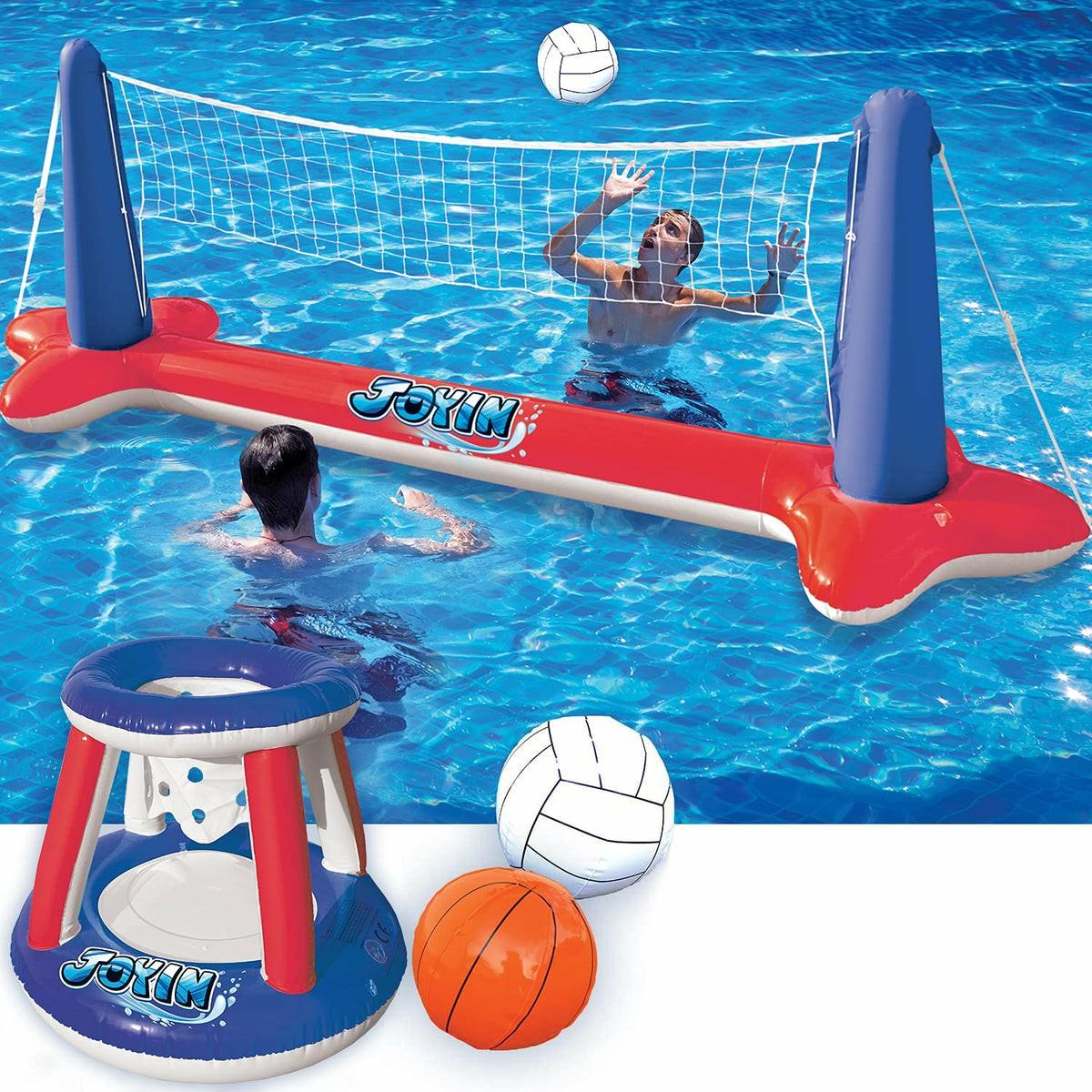 Sloosh Inflatable Volleyball Net & Basketball Hoops Red & Blue Pool Float Set Pool Toys & Games