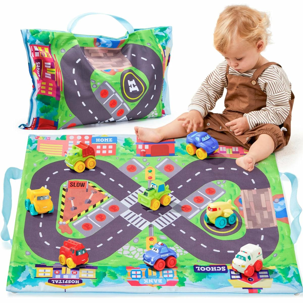 Toy Cars For Toddlers, 8 Pcs Rubber Cartoon Cars With Play Mat Activity Rugs & Tracks