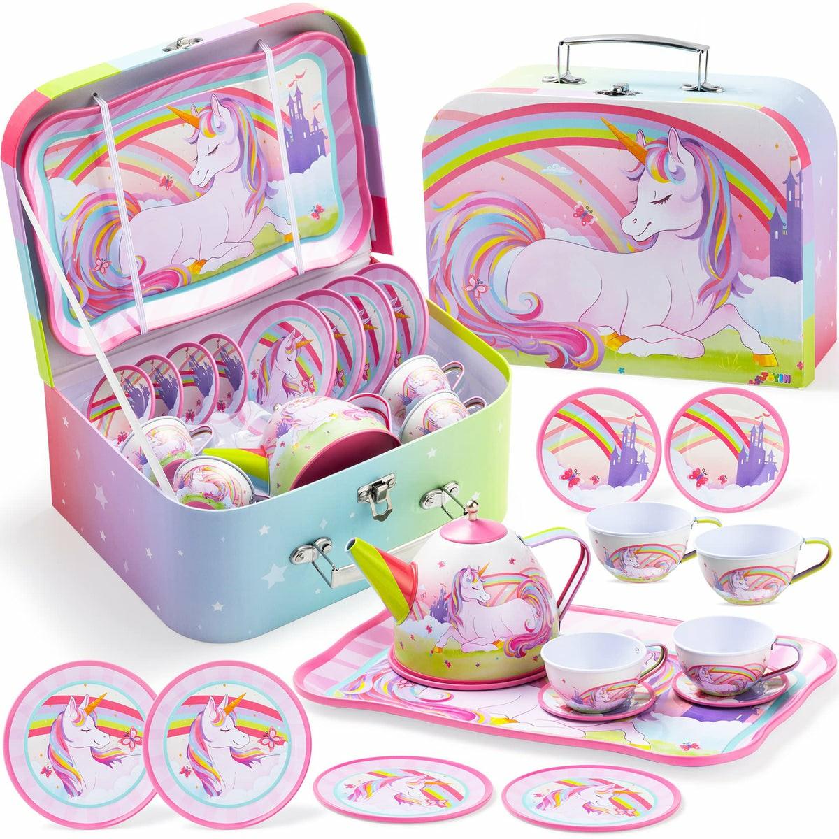 Unicorn Tin Teapot Set With Mermaid Case, 14 Pcs Pretend Play